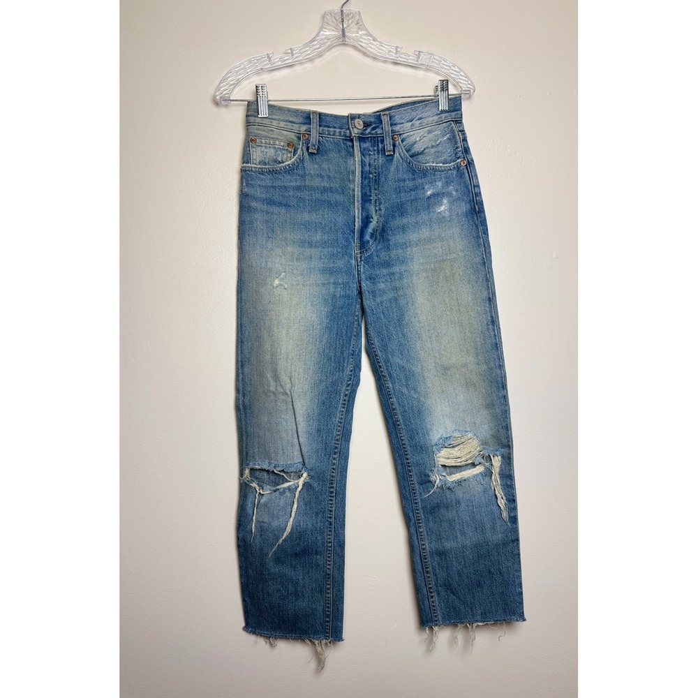 TRAVE Womens Cotton Denim Jeans 26 Blue Distressed Straight Leg Raw Hem